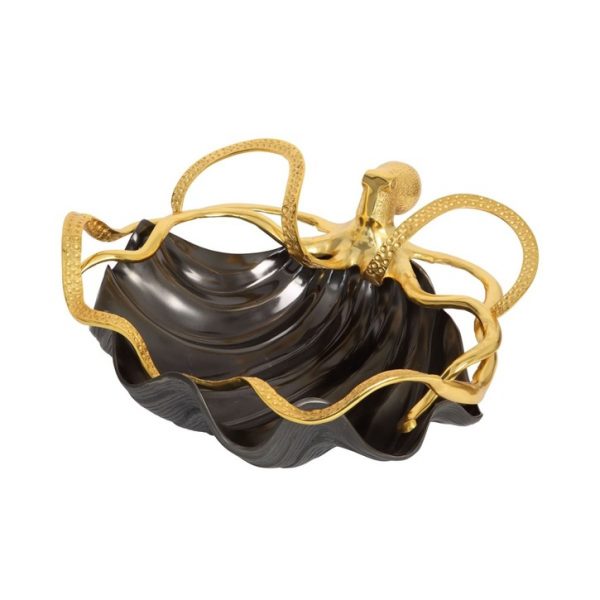 Black Shell Bowl with Gold Octopus